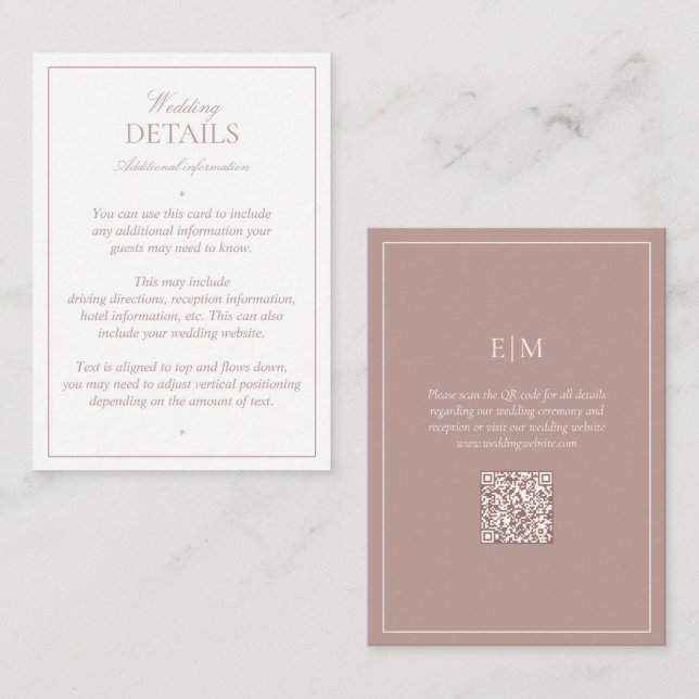 Cartão De Informações Detalhes de Casamento Rosa do Monograma Elegante d (Frente/Verso)