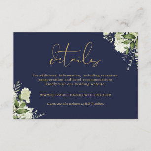 Cartão De Informações Detalhes de Casamento Verde Navy Azul e Dourado