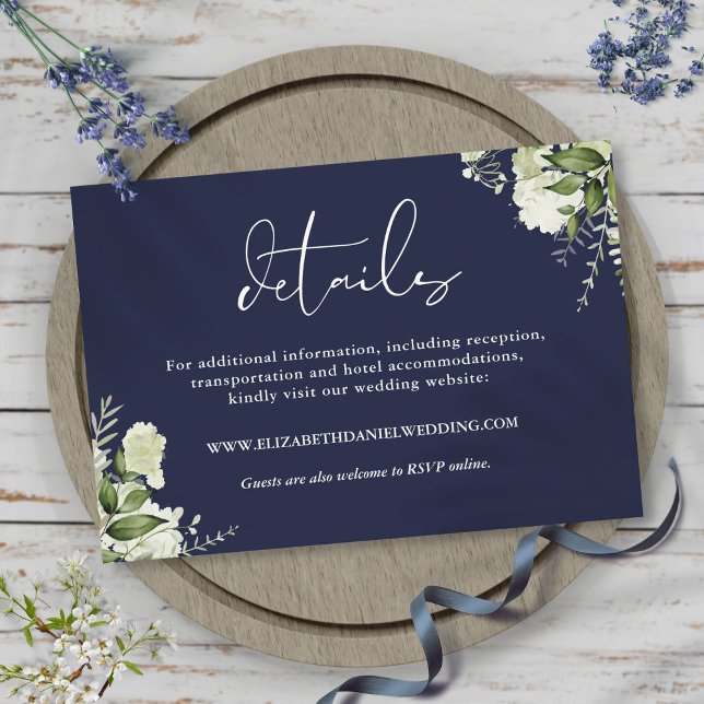 Cartão De Informações Detalhes de Casamento Verde Navy Azul Elegante (Greenery Elegant Navy Blue Wedding Details Enclosure Card)