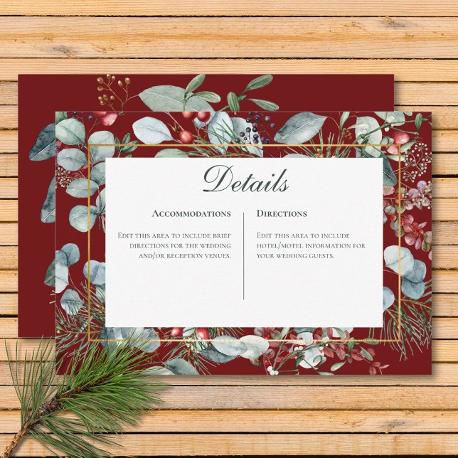Cartão De Informações Detalhes de casamento vermelhos com folhagens de N (Winter Christmas Greenery Red Wedding Details Enclosure Card)