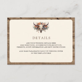 Cartão De Informações Detalhes de Casamento Western Boho Floral Crânio d