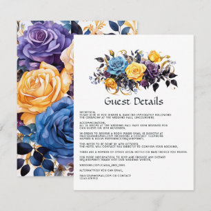 Cartão De Informações Detalhes de Convidados Florais Azul, Roxo, Dourado
