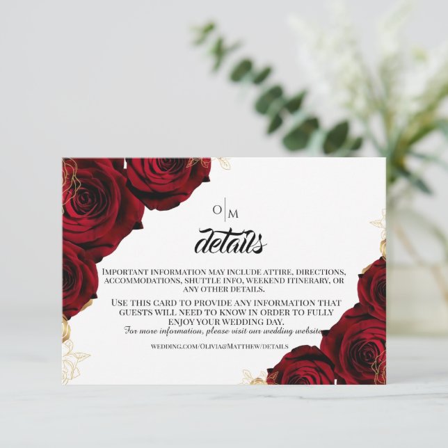 Cartão De Informações Detalhes de Flores de Rosas Vermelhas Casamento  (Em pé/Frente)