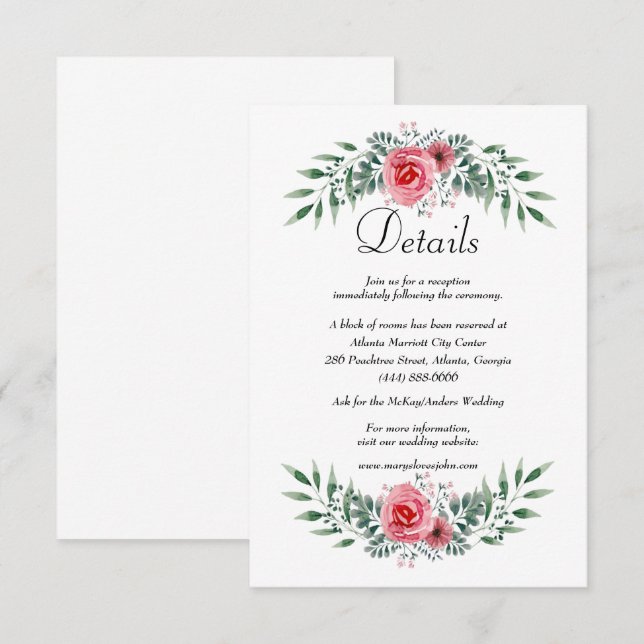 Cartão De Informações Detalhes de folhagem rosa de rosa em aquarela (Frente/Verso)