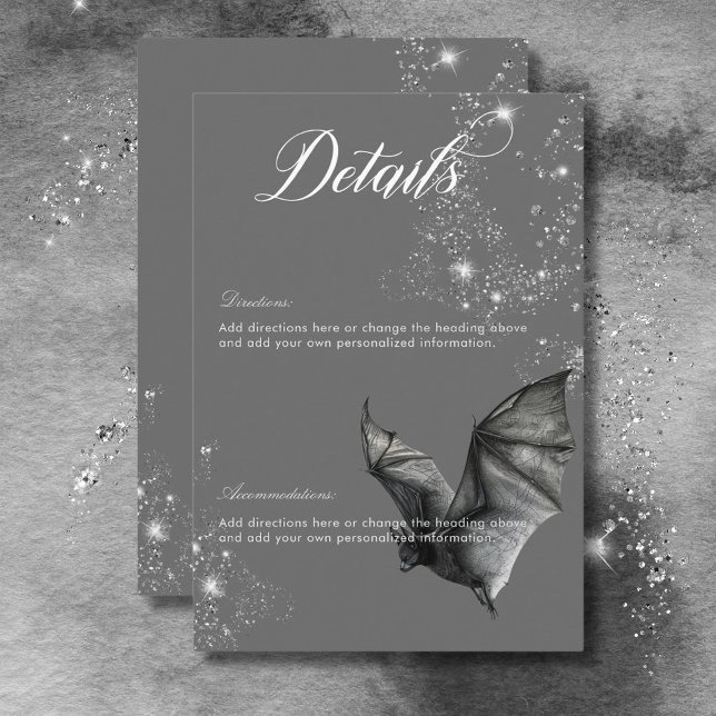 Cartão De Informações Detalhes de Noiva com Glamour Sombrio de Halloween (Dark Halloween Glam Bat & Diamonds Wedding Details Enclosure Card)