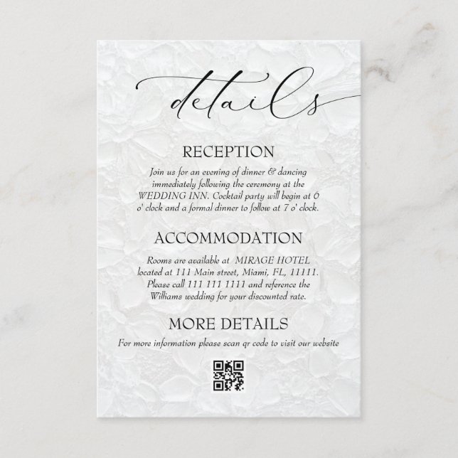 Cartão De Informações Detalhes de QR de Casamento Elegante Preto Branco (Frente)