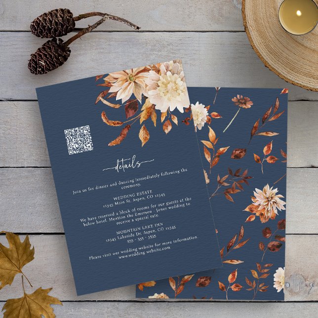 Cartão De Informações Detalhes de queda do marinho (Watercolor Navy Blue Autumn Floral Details Enclosure Card with QR Code by Painted Paperie
)