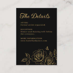 Cartão De Informações Detalhes de Quinceañera Floral Preto e Dourado