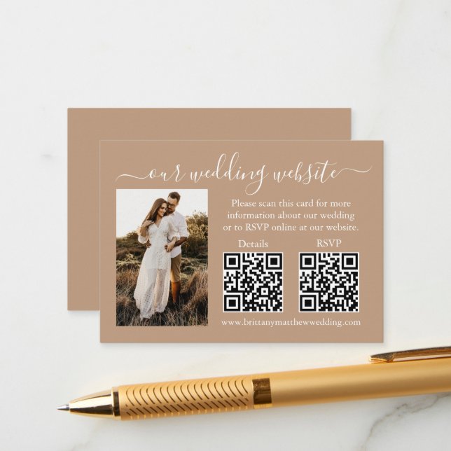 Cartão De Informações Detalhes de RSVP de Casamento Foto 2 QR Taupe (Frente/Verso In Situ)