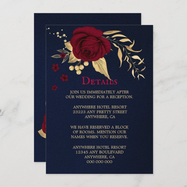 Cartão De Informações detalhes do azul-marinho floral burgundy gold (Frente/Verso)