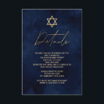Cartão De Informações Detalhes do Bar de Aquarela Azul Dourado Mitzvah<br><div class="desc">Esta carta de detalhes do Bar moderno e artístico Mitzvah é a escolha perfeita para seu filho para seu dia especial. Ele apresenta um fundo azul marinho pintado manualmente. No topo do convite está uma falsa estrela de ouro impressa de David e tipografia personalizada. É um design único, legal e...</div>
