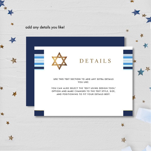 Cartão De Informações Detalhes do Bar de Tallit Azul Elegante e Dourado  (Criador carregado)