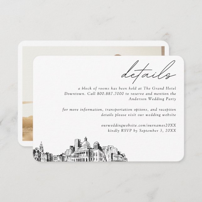 Cartão De Informações Detalhes do Bloco do Hotel Boston Wedding (Frente/Verso)
