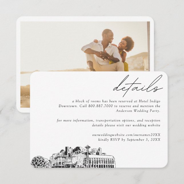 Cartão De Informações Detalhes do Bloco do Hotel Seattle Wedding (Frente/Verso)
