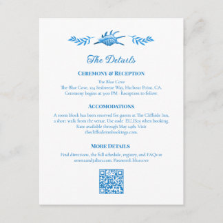 Cartão De Informações Detalhes do Casamento à Beira-Mar Azul e Branco de
