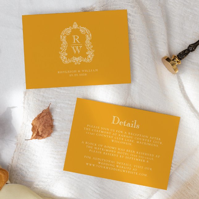 Cartão De Informações Detalhes do Casamento Amarelo Marigold do Monogram (Criador carregado)