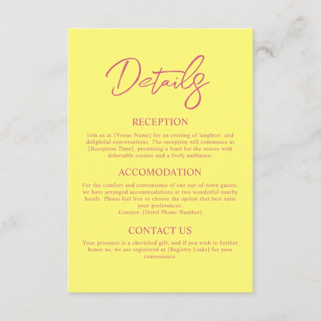 Cartão De Informações Detalhes do Casamento Amarelo-Rosa Moderno e Mante (Frente)