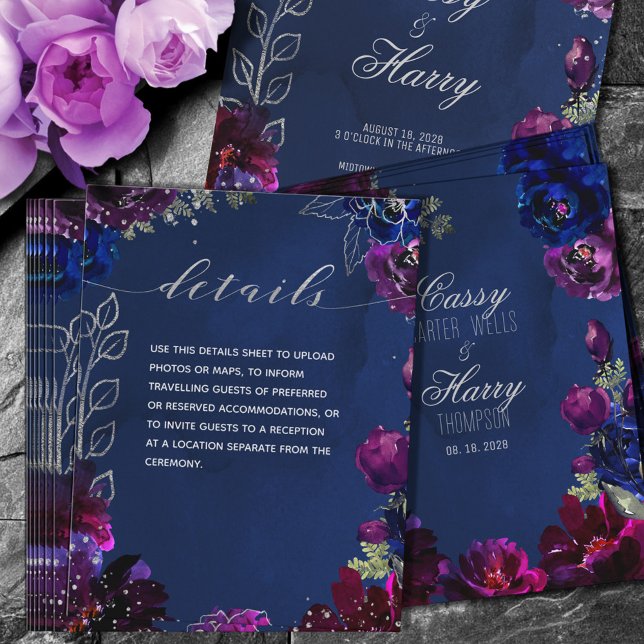 Cartão De Informações Detalhes do Casamento Amethyst Sapphire Navy Jewel (Criador carregado)