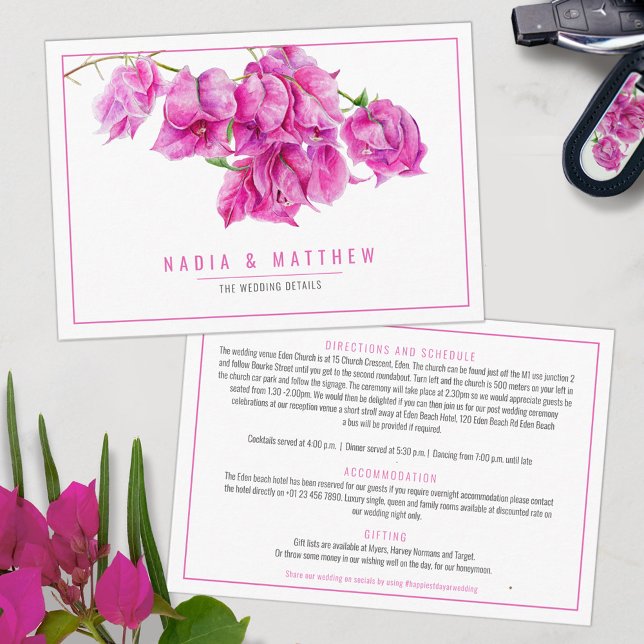 Cartão De Informações Detalhes do casamento aquarela rosa buganvília (Criador carregado)