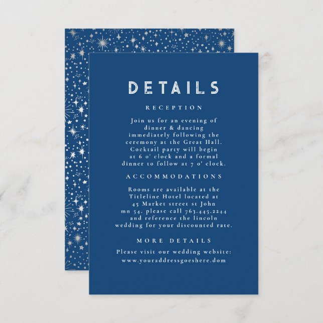 Cartão De Informações Detalhes do Casamento Azul Celestial Starry Night (Frente/Verso)