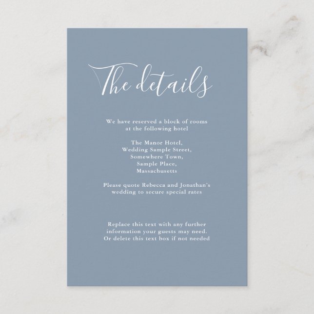 Cartão De Informações Detalhes do Casamento Azul com Dusty Mínimo (Frente)