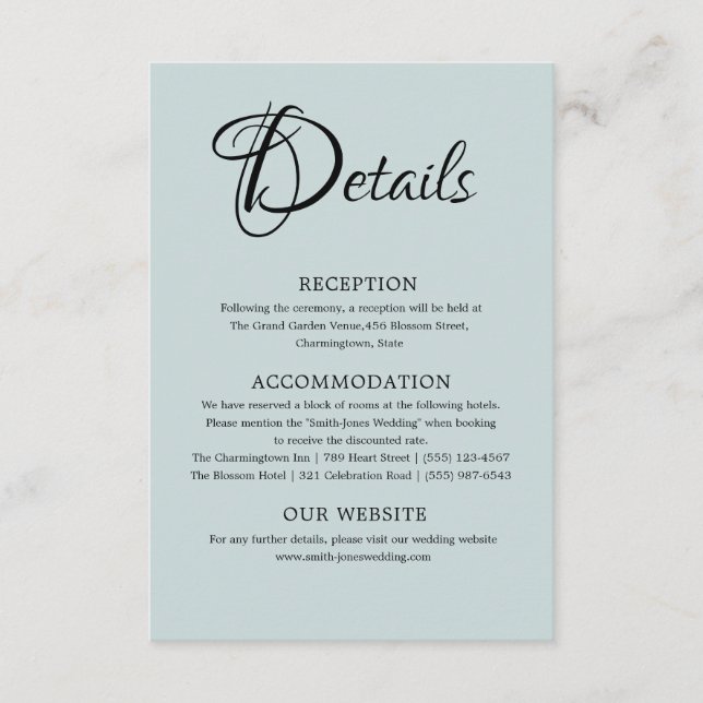 Cartão De Informações Detalhes do Casamento Azul com Dusty Mínimo (Frente)