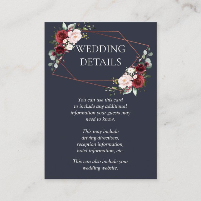 Cartão De Informações Detalhes do Casamento Azul da Borgonha Geométrica  (Frente)