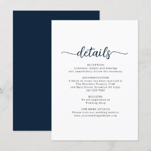 Cartão De Informações Detalhes do Casamento Azul do Marinho de Script Mo