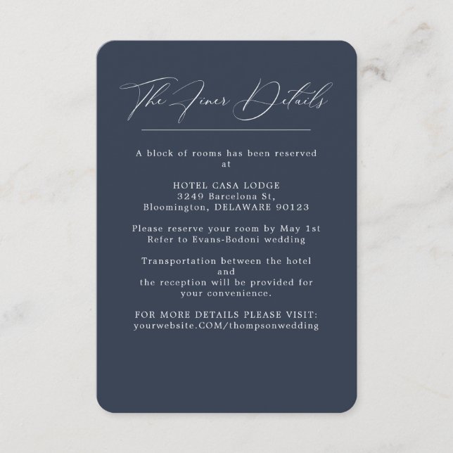 Cartão De Informações Detalhes do Casamento Azul do Marinho Elegante (Frente)