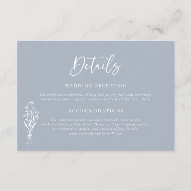 Cartão De Informações Detalhes do Casamento Azul Dusty, Buquê minimalist (Frente)