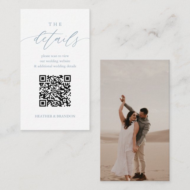 Cartão De Informações Detalhes do Casamento Azul Dusty com Código QR Ele (Frente/Verso)
