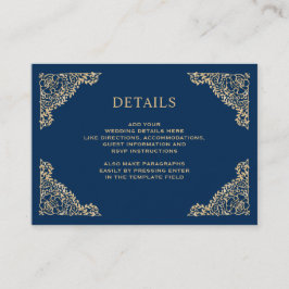 Cartão De Informações Detalhes do Casamento Azul e Dourado Quadro Floral