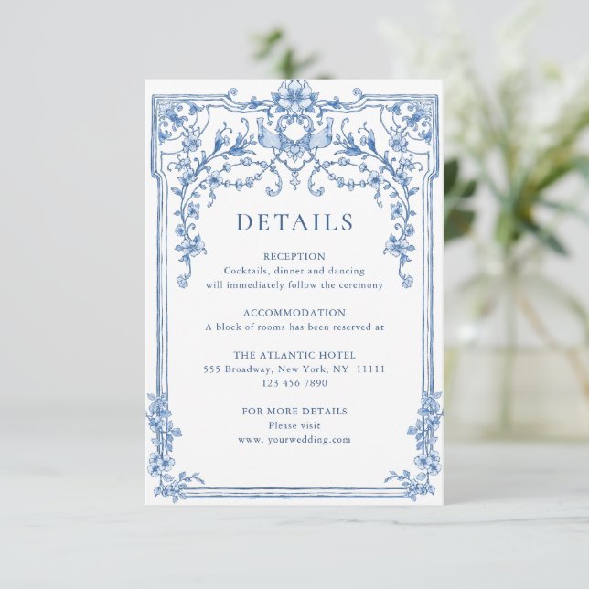 Cartão De Informações Detalhes do Casamento Azul Floral de Grace Ornamen (Em pé/Frente)