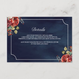 Cartão De Informações Detalhes do Casamento Azul Naval com Rosas Vermelh