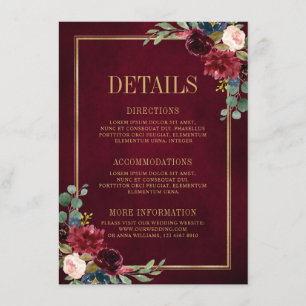 Cartão De Informações Detalhes do Casamento Azul Naval Dourado Floral Bo