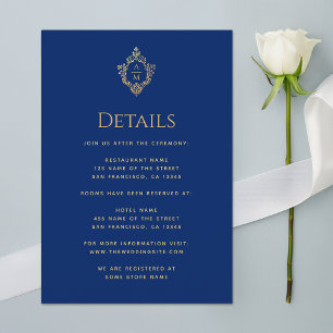 Cartão De Informações Detalhes do Casamento Azul Royal Monograma com Cri