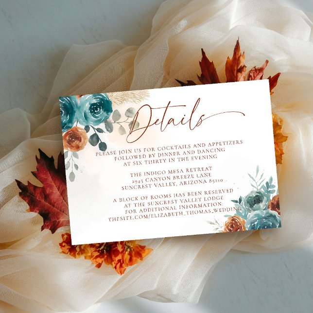 Cartão De Informações Detalhes do Casamento Boho de Laranja Queimada e T (fall in love wedding details card teal burnt orange terracotta watercolor floral botanical earthy)