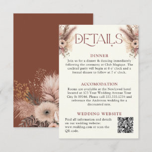 Cartão De Informações Detalhes do Casamento Boho Pampas Grass Terracotta