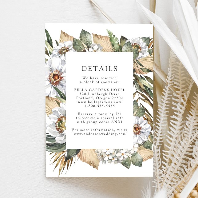 Cartão De Informações Detalhes do Casamento Boho White Floral & Greenery (Criador carregado)
