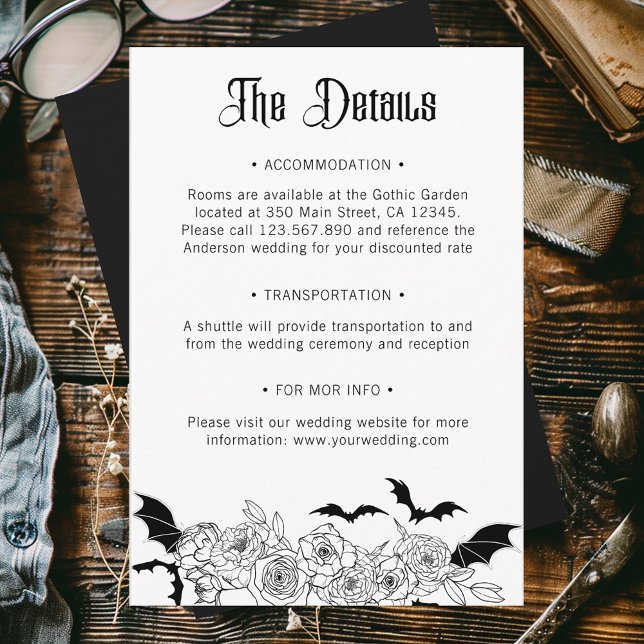 Cartão De Informações Detalhes do Casamento Botânico Boho Gótico (Criador carregado)