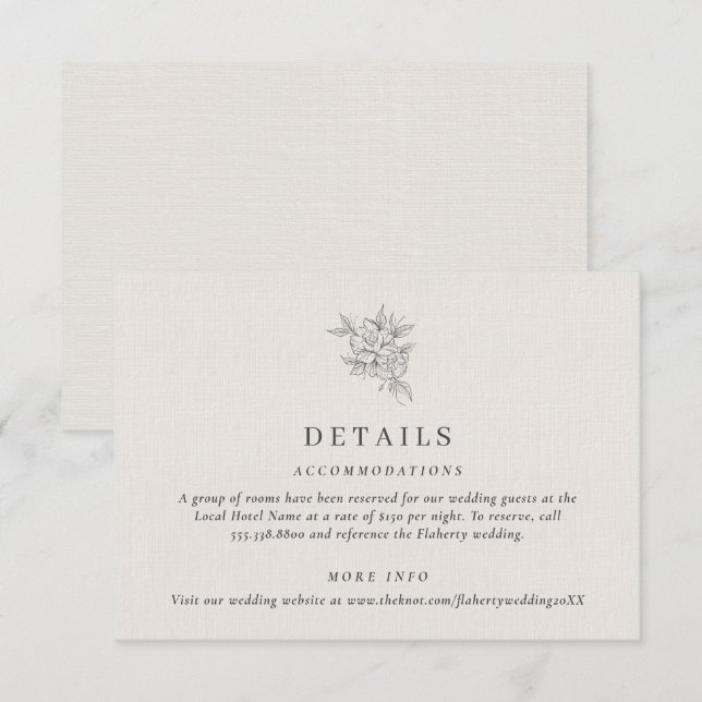 Cartão De Informações Detalhes do Casamento Botânico Clássico Beige (Frente/Verso)