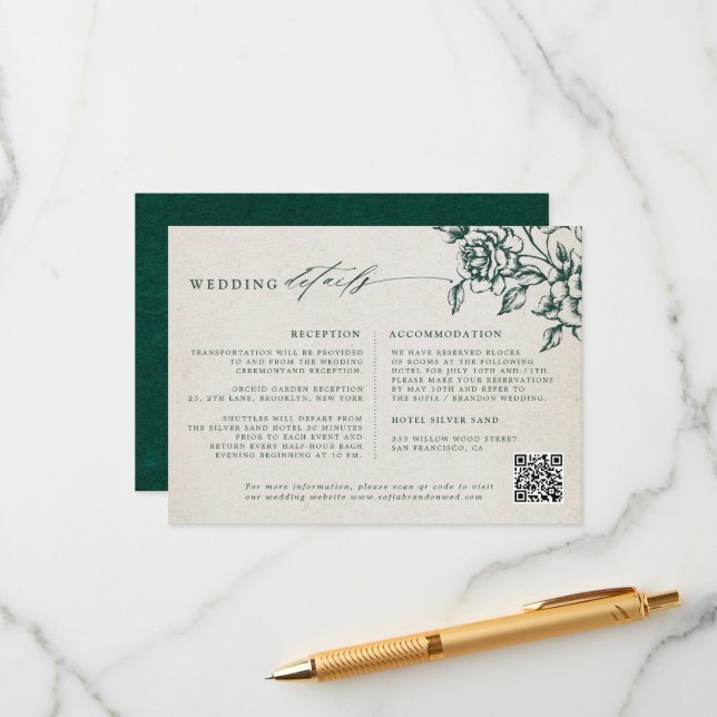 Cartão De Informações Detalhes do Casamento Botânico de Emerald Greenery (Frente/Verso In Situ)