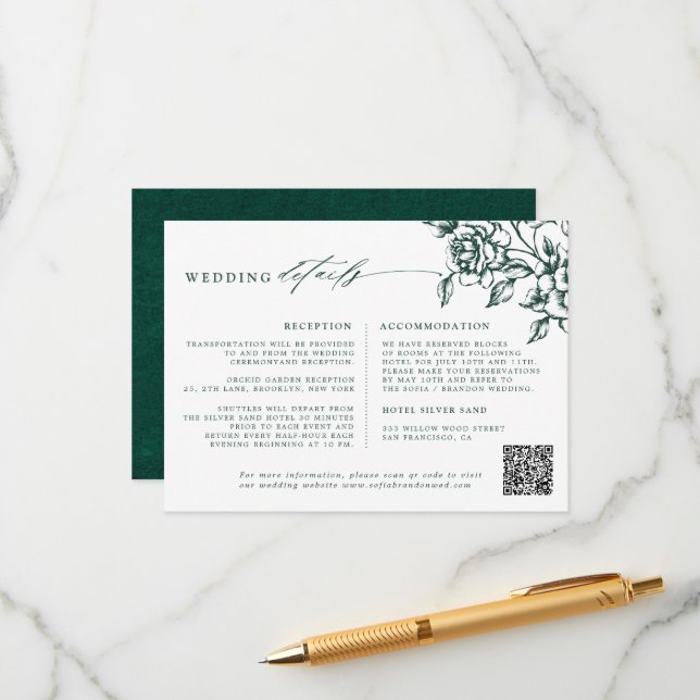 Cartão De Informações Detalhes do Casamento Botânico de Emerald Greenery (Frente/Verso In Situ)