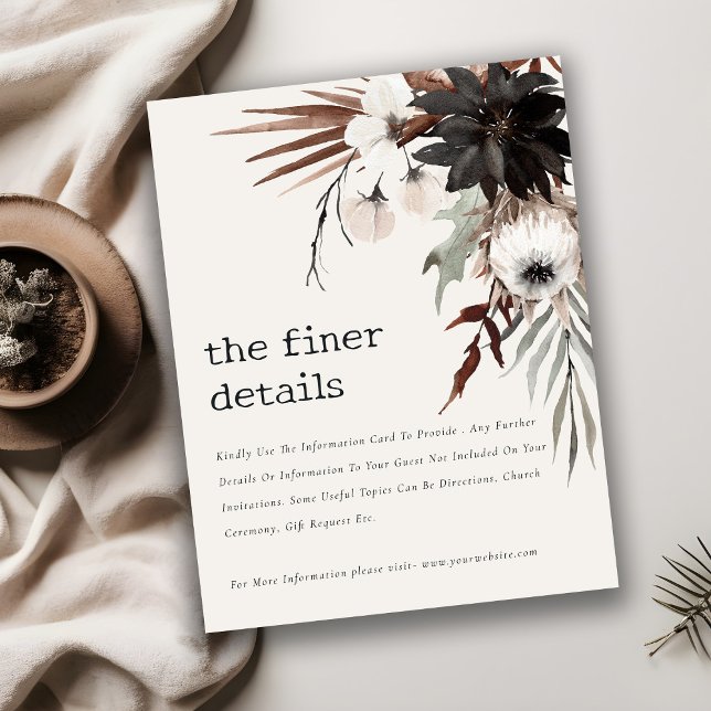Cartão De Informações Detalhes do Casamento Botânico Preto-Ferrugem Boho (Criador carregado)