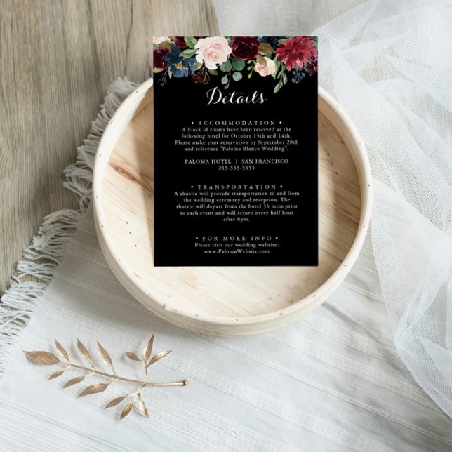 Cartão De Informações Detalhes do Casamento Botânico Rustic Black (Criador carregado)