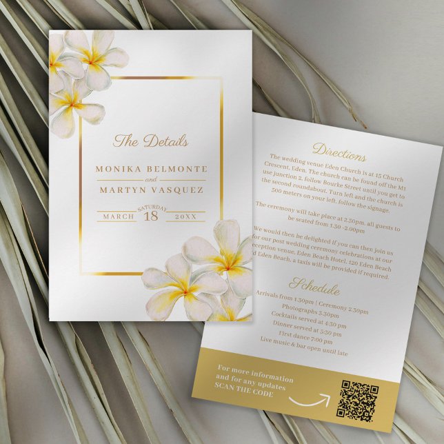 Cartão De Informações Detalhes do casamento branco amarelo Frangipani QR (Criador carregado)