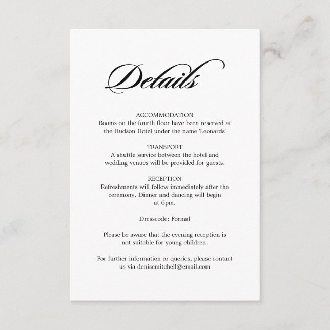 Cartão De Informações Detalhes do Casamento Branco da Caligrafia Elegant (Frente)