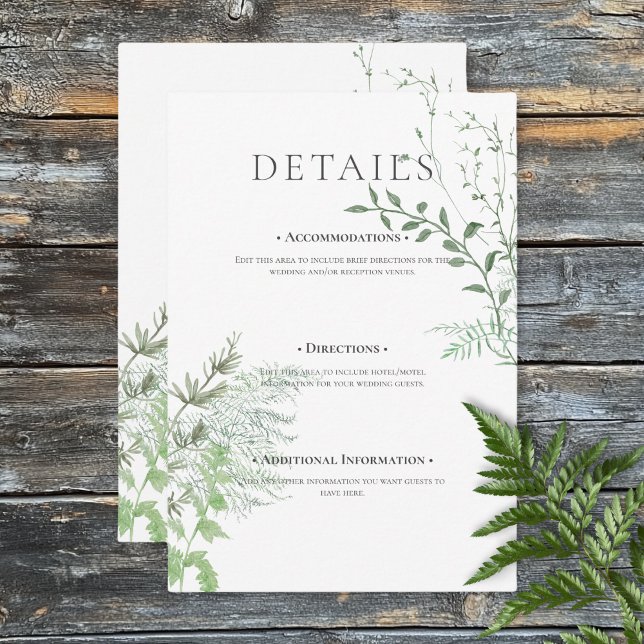 Cartão De Informações Detalhes do Casamento Branco da Folhagem Verde Rus (Rustic Fern Green Foliage White Wedding Details Enclosure Card)