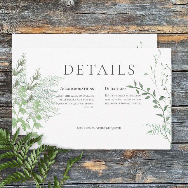Cartão De Informações Detalhes do Casamento Branco da Folhagem Verde Rus (Rustic Fern Green Foliage White Wedding Details Enclosure Card)