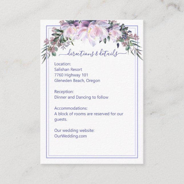 Cartão De Informações Detalhes do Casamento Branco da Lavanda Peony Gard (Frente)